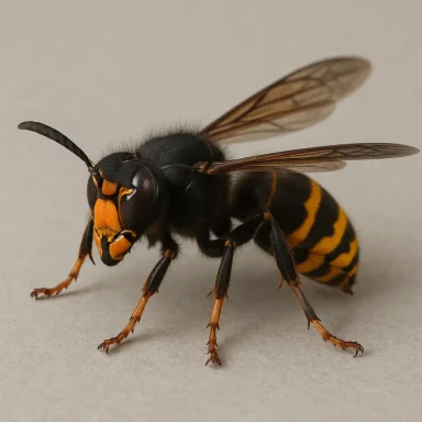 Frelon avec un corps noir et des bandes jaunes, ailes transparentes.