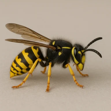 Frelon avec un corps noir et jaune, ailes transparentes et antennes proéminentes.
