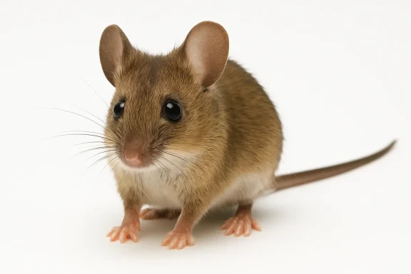 Souris aux yeux noirs, pelage brun et grandes oreilles, se tenant sur ses pattes.