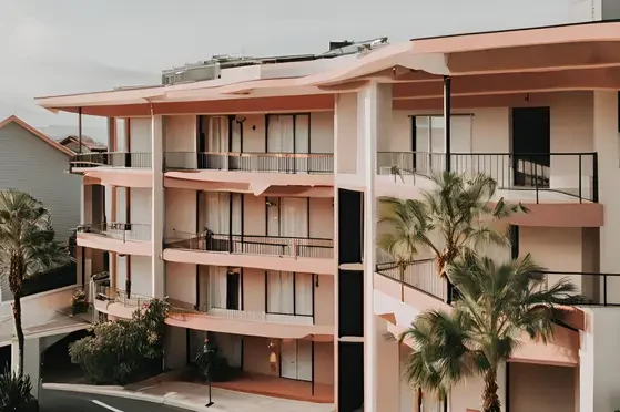 Bâtiment moderne avec plusieurs balcons et palmiers, décor rose.