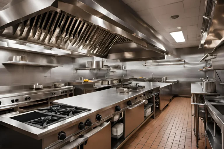 Cuisine professionnelle moderne avec équipements en acier inoxydable et surfaces claires.