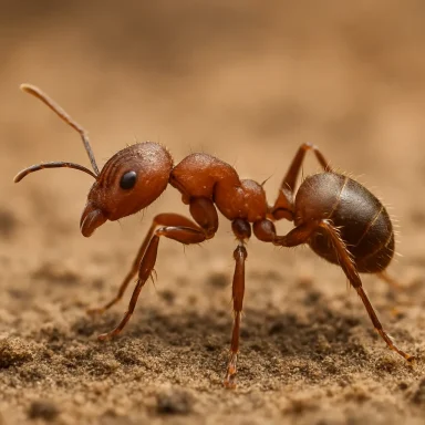 Fourmi brune sur un sol terreux, montrant ses antennes et pattes.