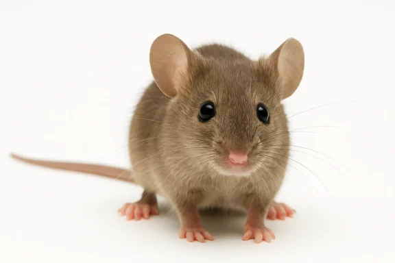 Souris grise avec de grands yeux et des oreilles arrondies, sur fond blanc.