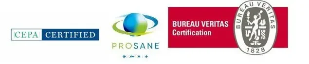 Logos de certification ISO, PSM et autre organisme d'accréditation.