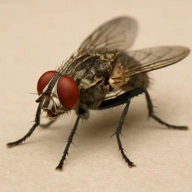 Mouches avec de grands yeux rouges et des ailes translucides sur une surface claire.