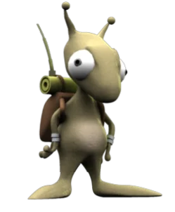 Personnage de dessin animé ressemblant à un escargot, avec un sac à dos et de grands yeux.