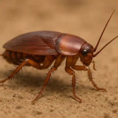 Cafard brun sur une surface marron, avec antennes et pattes longues.
